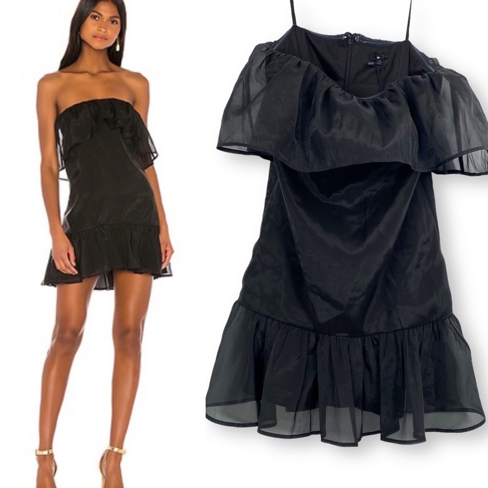 NBD Revolve Kathy black strapless ruffle mini dress